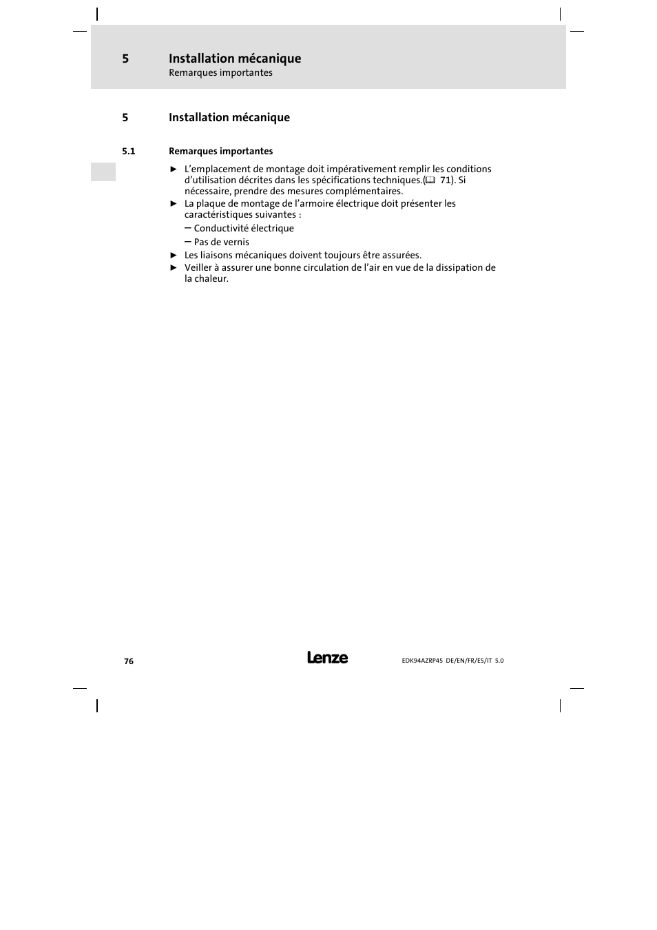 5 installation mécanique, 1 remarques importantes, Installation mécanique | Remarques importantes | Lenze E94AZRP0824 User Manual | Page 76 / 148