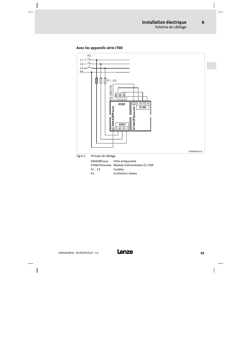 Installation électrique | Lenze E94AZRP0824 User Manual | Page 85 / 148