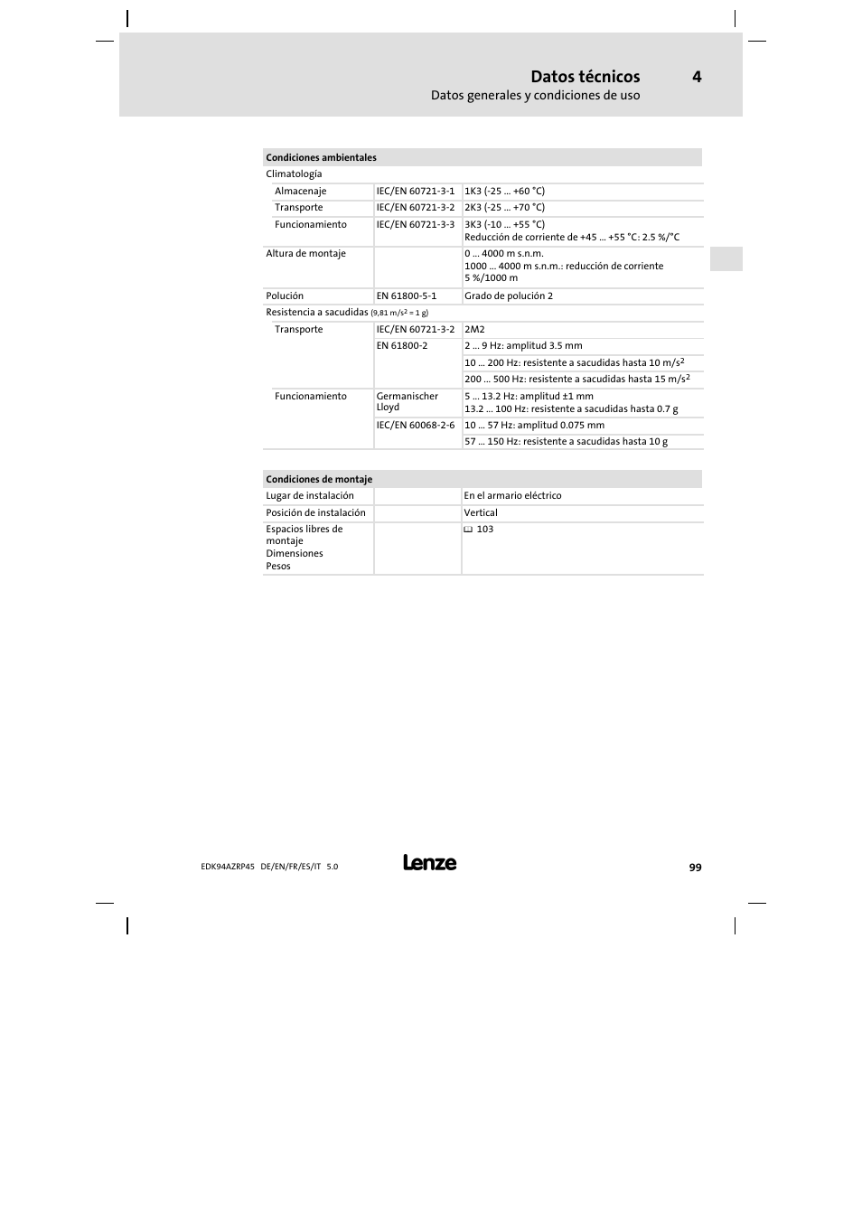 Datos técnicos | Lenze E94AZRP0824 User Manual | Page 99 / 148
