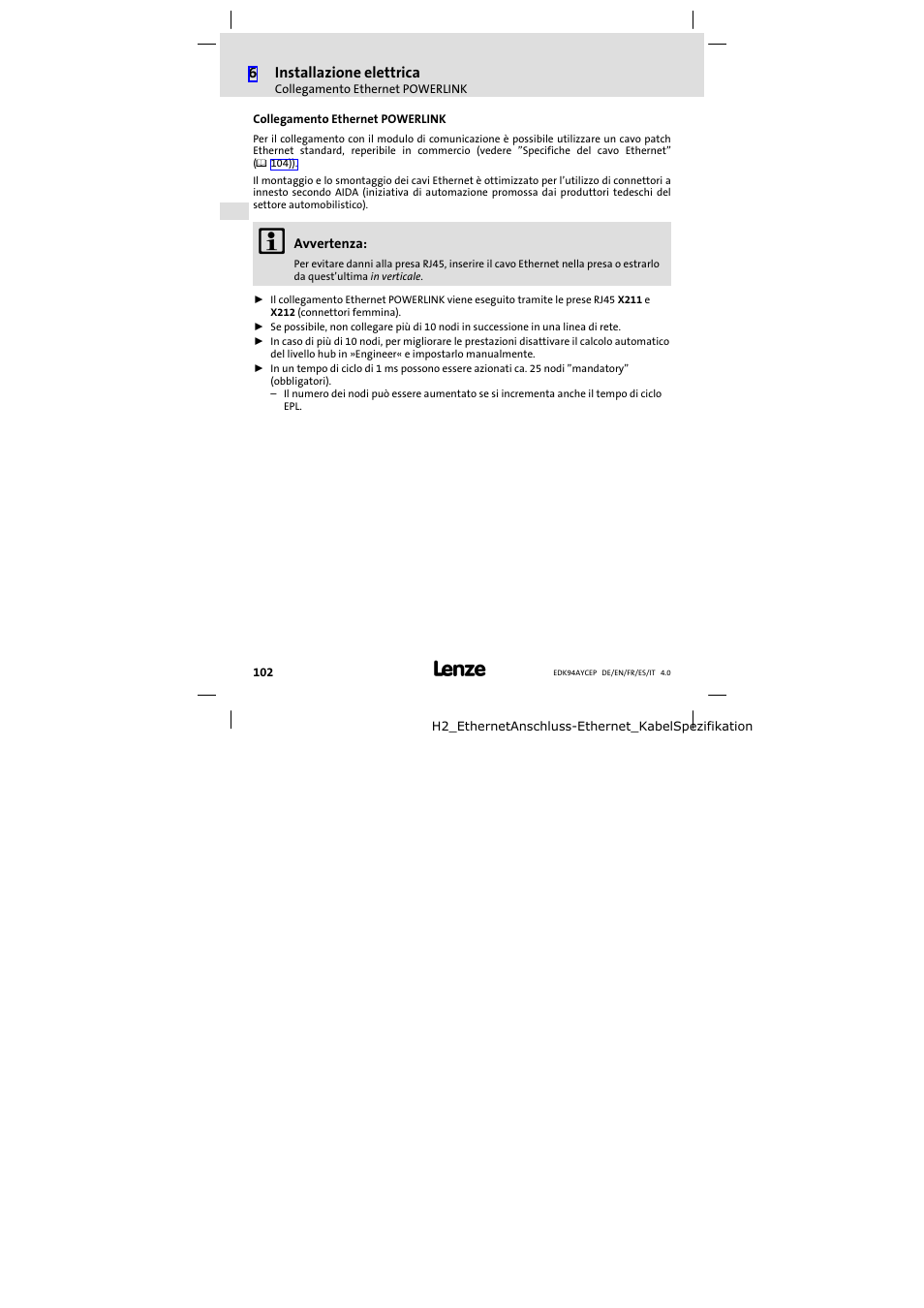 Collegamento ethernet powerlink | Lenze E94AYCEP User Manual | Page 102 / 110