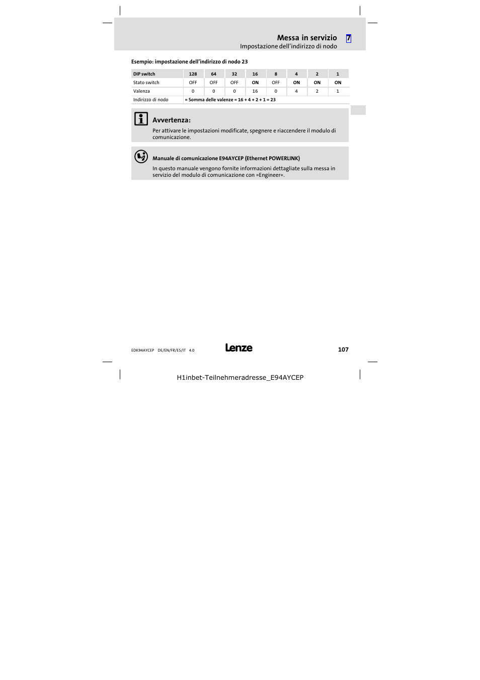 Messa in servizio | Lenze E94AYCEP User Manual | Page 107 / 110