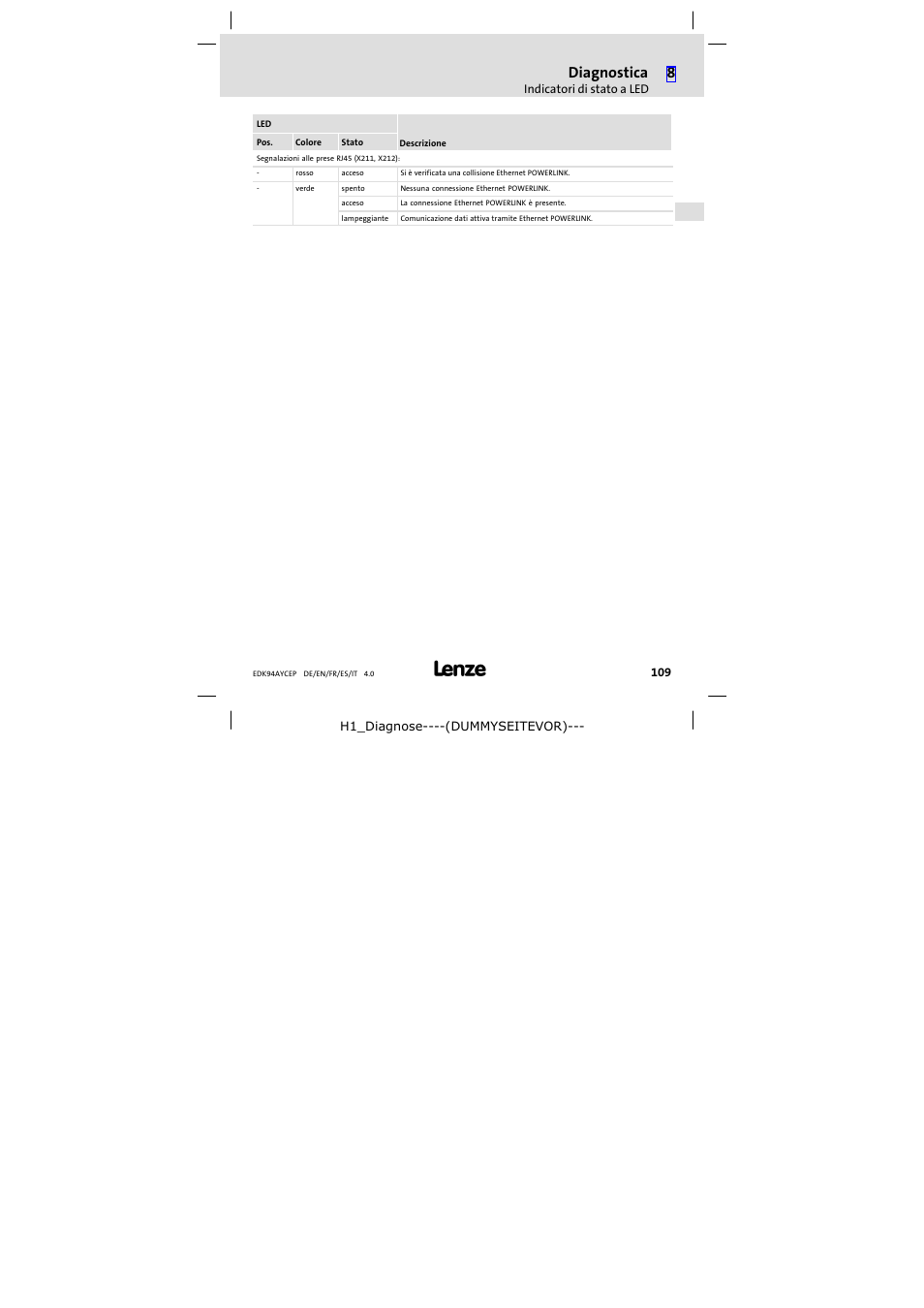Diagnostica | Lenze E94AYCEP User Manual | Page 109 / 110
