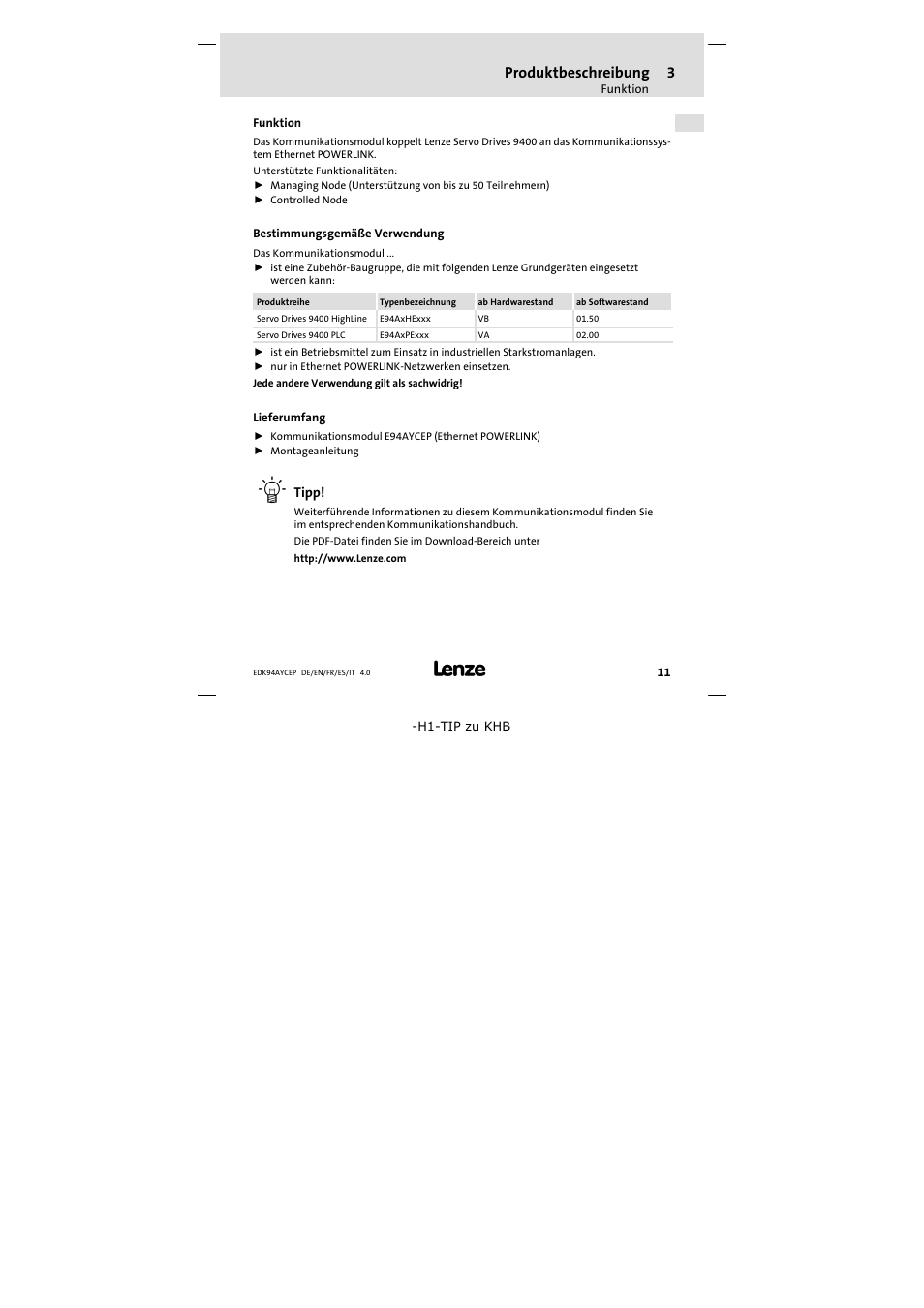3 produktbeschreibung, Funktion, Bestimmungsgemäße verwendung | Lieferumfang, Produktbeschreibung 11, Produktbeschreibung | Lenze E94AYCEP User Manual | Page 11 / 110