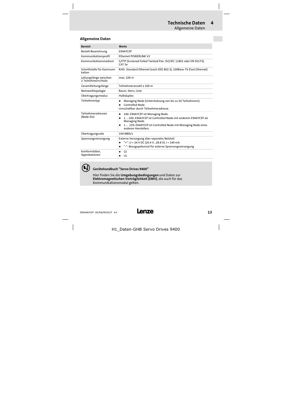 4 technische daten, Allgemeine daten, Technische daten | Lenze E94AYCEP User Manual | Page 13 / 110