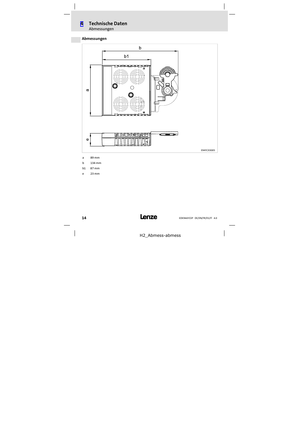 Abmessungen | Lenze E94AYCEP User Manual | Page 14 / 110