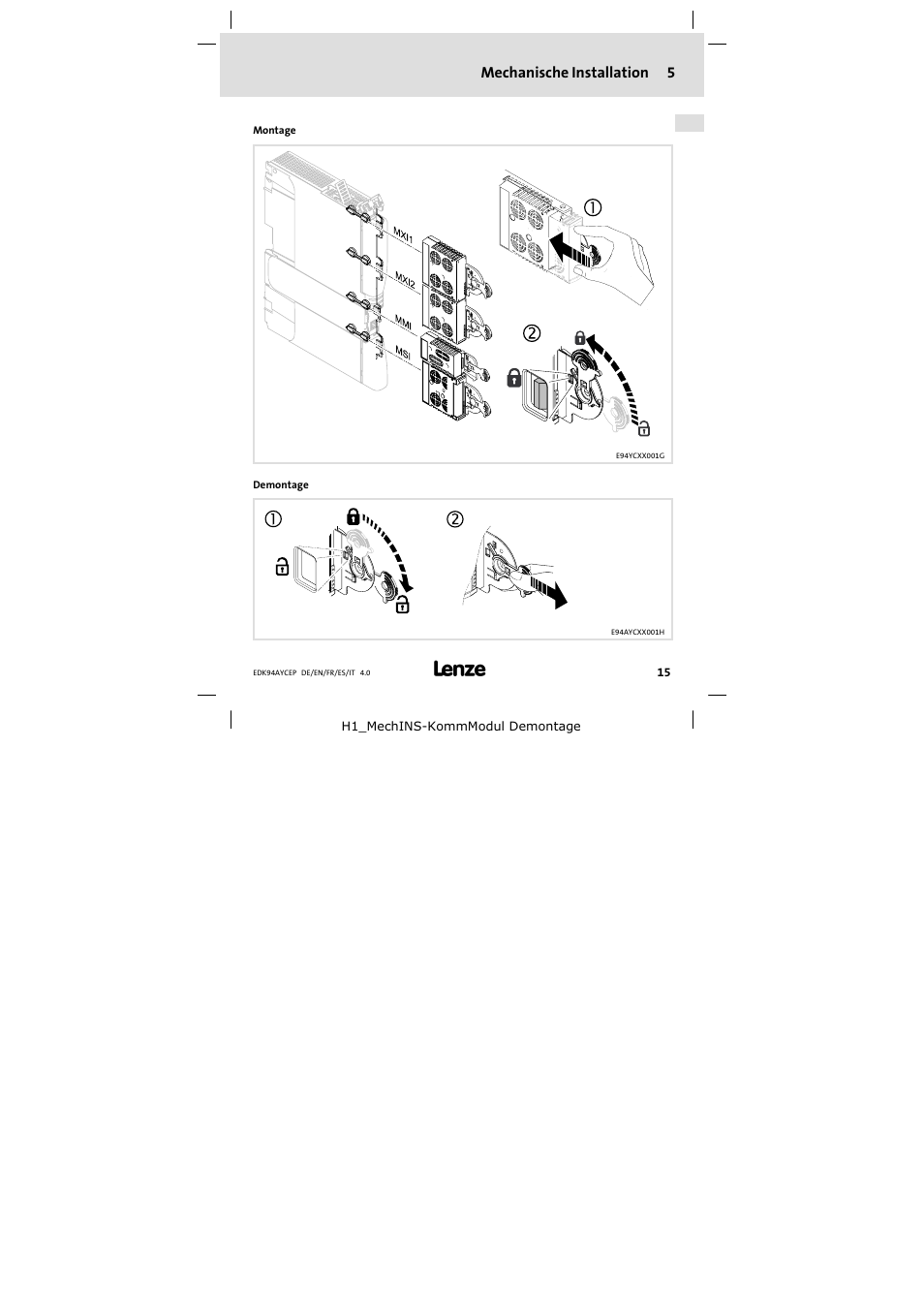 5 mechanische installation, Mechanische installation | Lenze E94AYCEP User Manual | Page 15 / 110