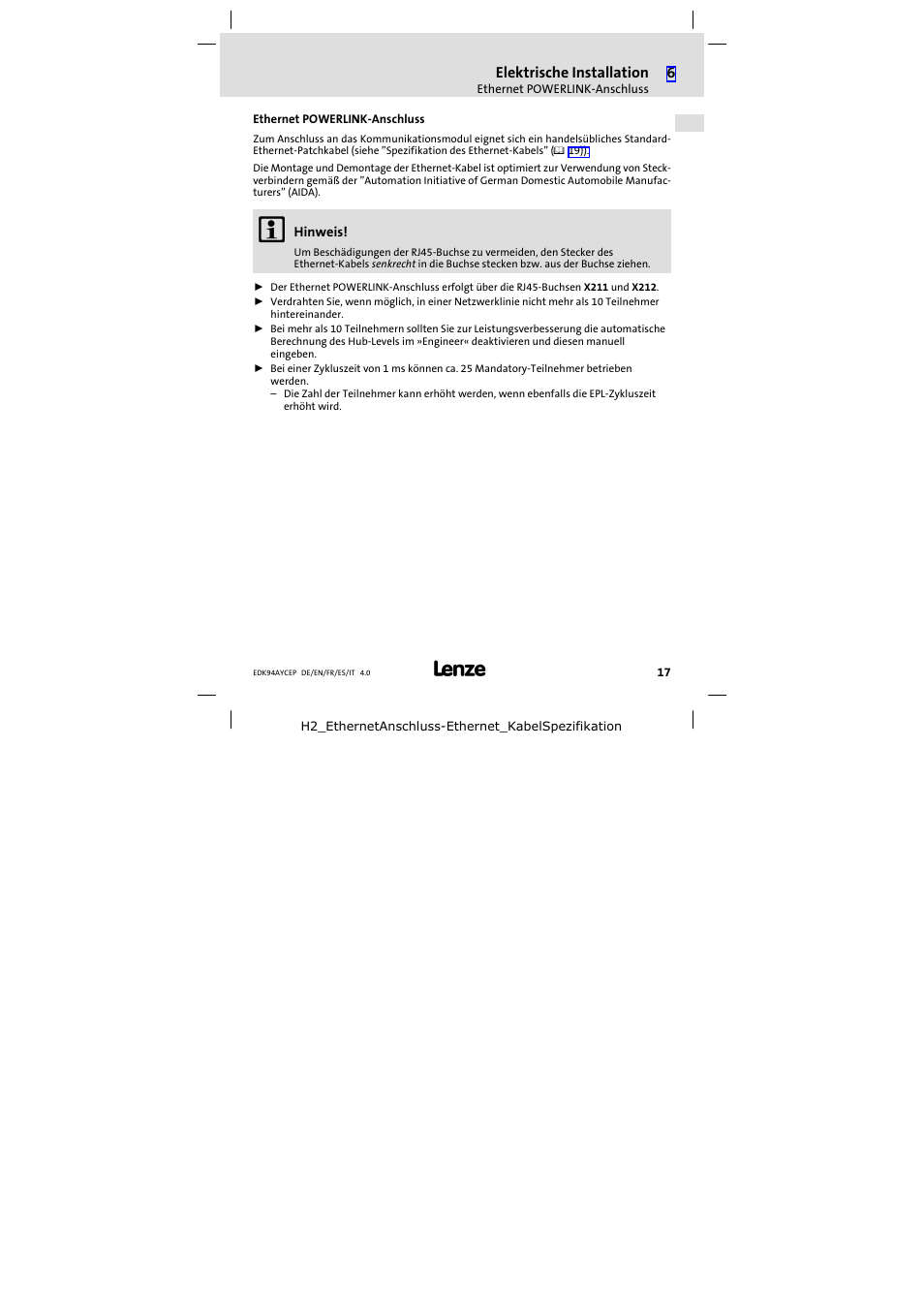 Ethernet powerlink-anschluss, Ethernet powerlink−anschluss | Lenze E94AYCEP User Manual | Page 17 / 110