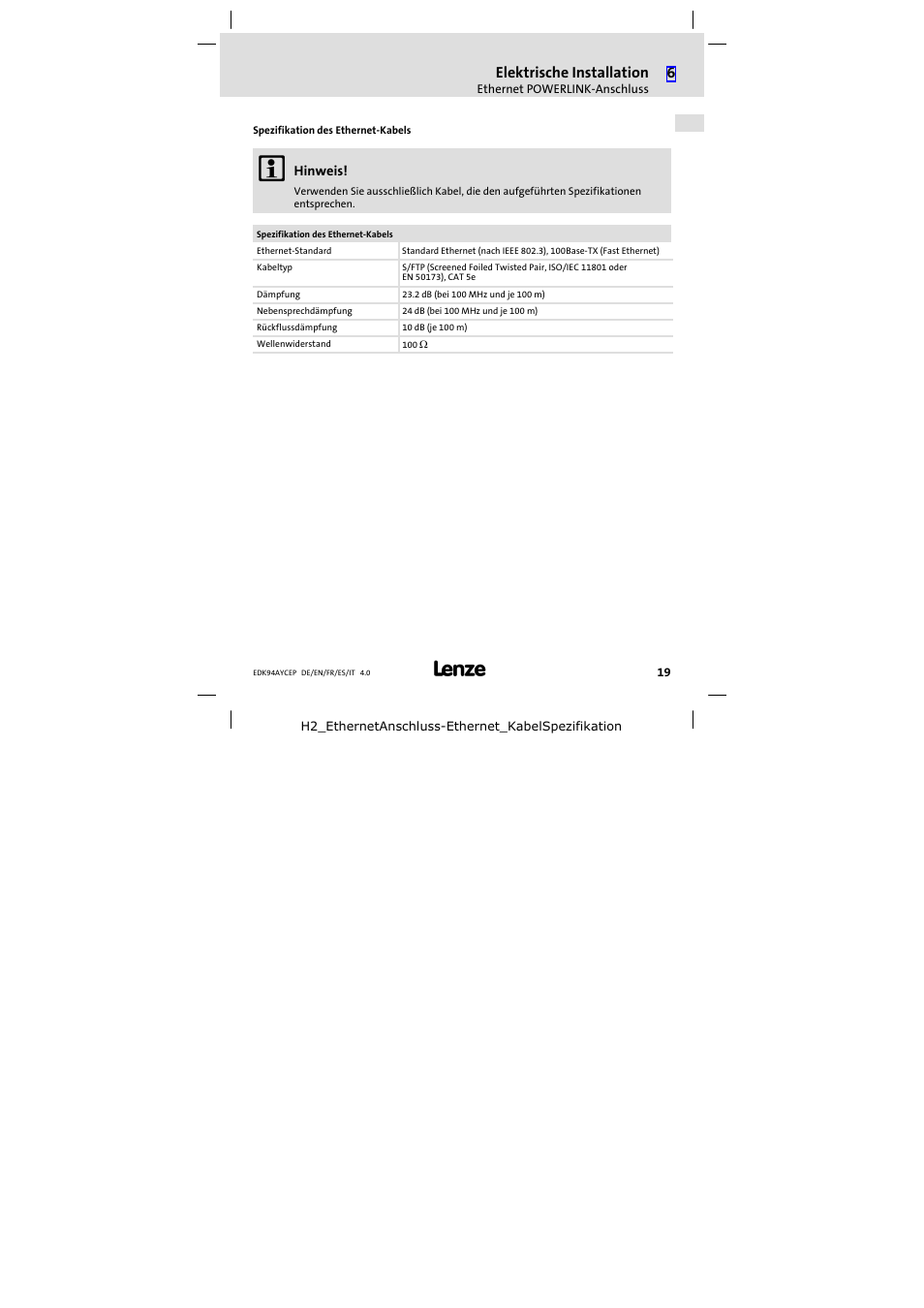 Elektrische installation | Lenze E94AYCEP User Manual | Page 19 / 110
