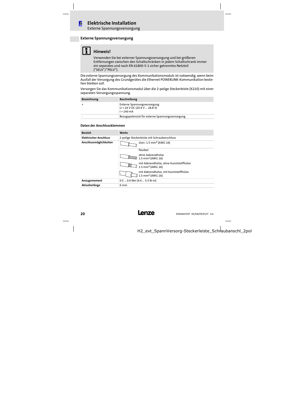 Externe spannungsversorgung, 6elektrische installation | Lenze E94AYCEP User Manual | Page 20 / 110