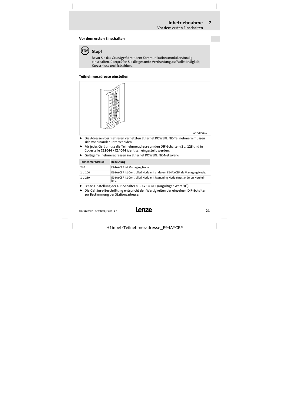 7 inbetriebnahme, Vor dem ersten einschalten, Teilnehmeradresse einstellen | Inbetriebnahme | Lenze E94AYCEP User Manual | Page 21 / 110