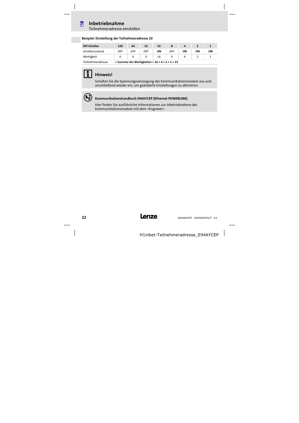 7inbetriebnahme | Lenze E94AYCEP User Manual | Page 22 / 110