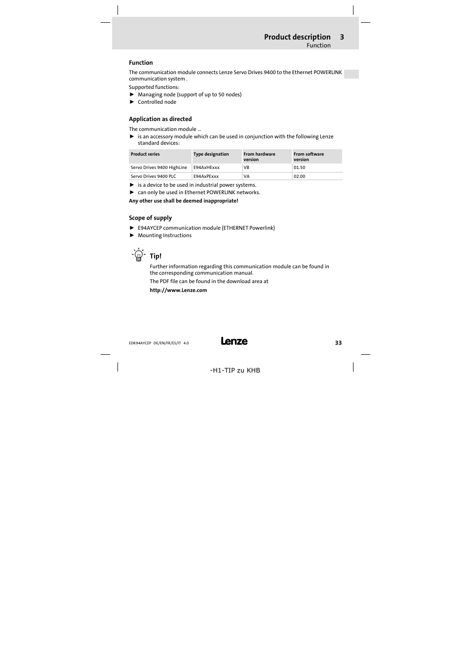 3 product description, Function, Application as directed | Scope of supply, Product description, Function 33 | Lenze E94AYCEP User Manual | Page 33 / 110