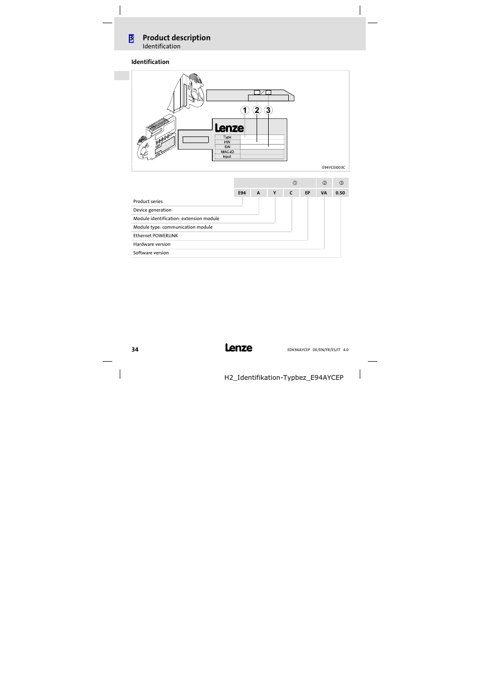Identification, 3product description | Lenze E94AYCEP User Manual | Page 34 / 110