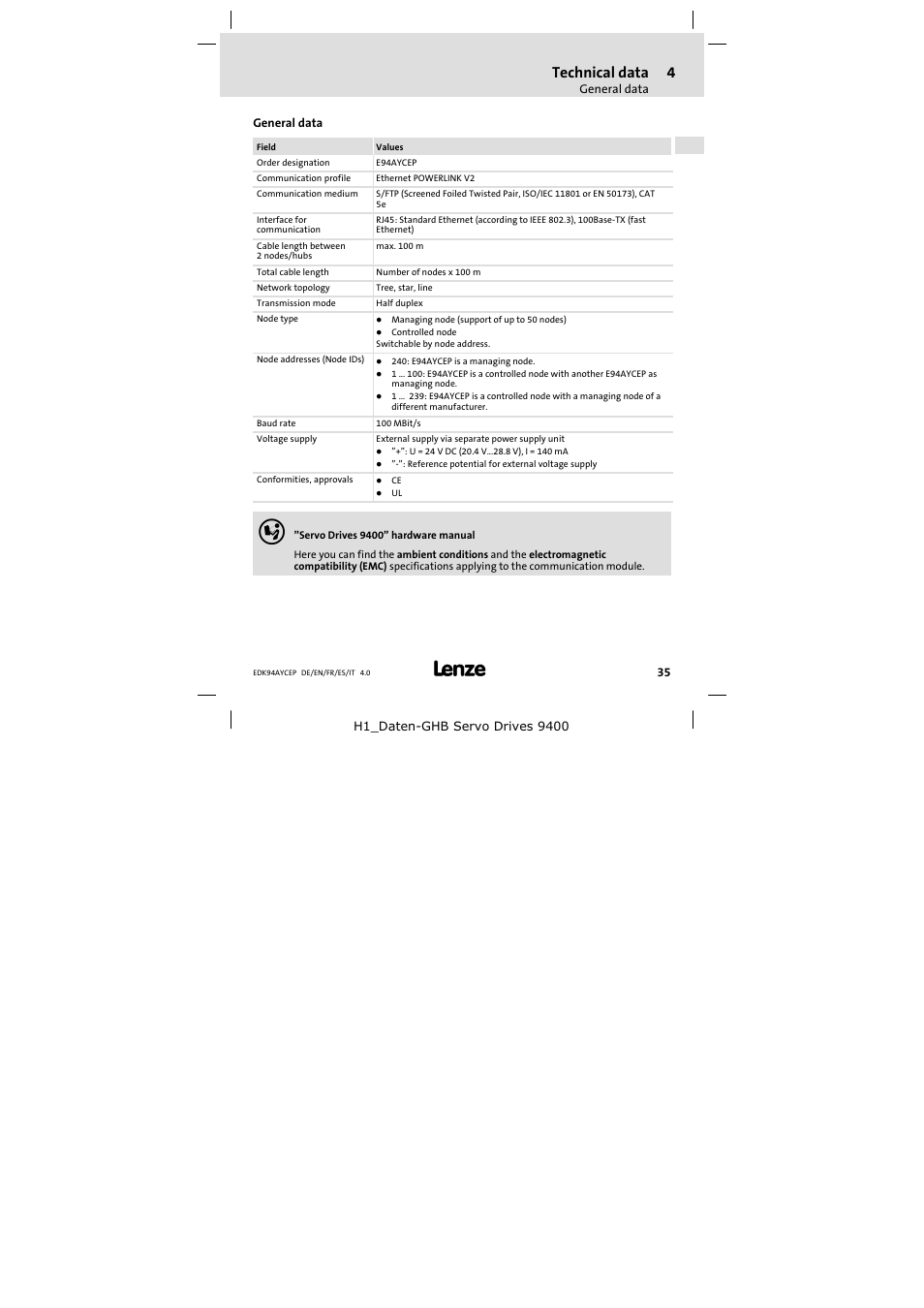 4 technical data, General data, Technical data | General data 35 | Lenze E94AYCEP User Manual | Page 35 / 110