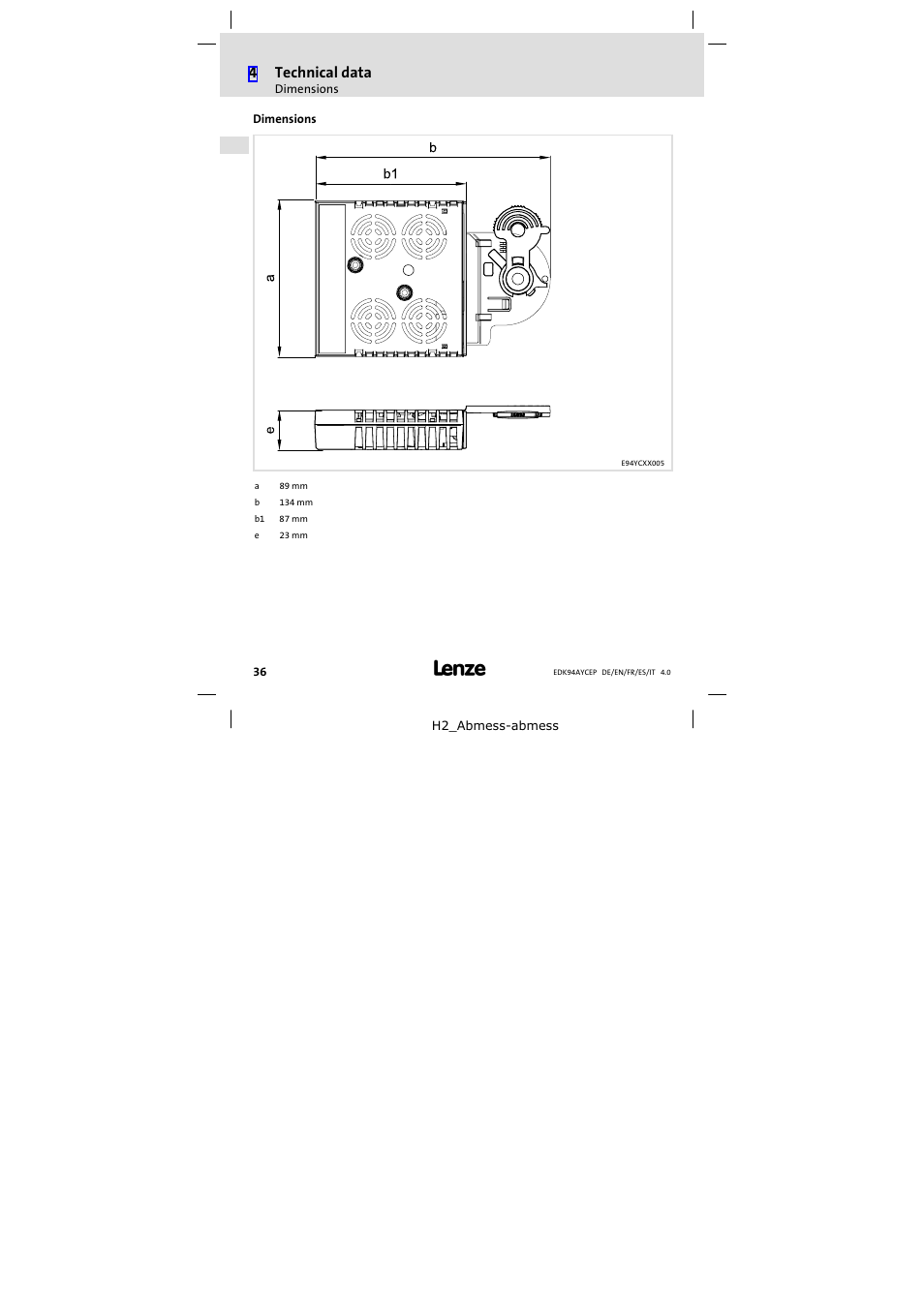 Dimensions | Lenze E94AYCEP User Manual | Page 36 / 110