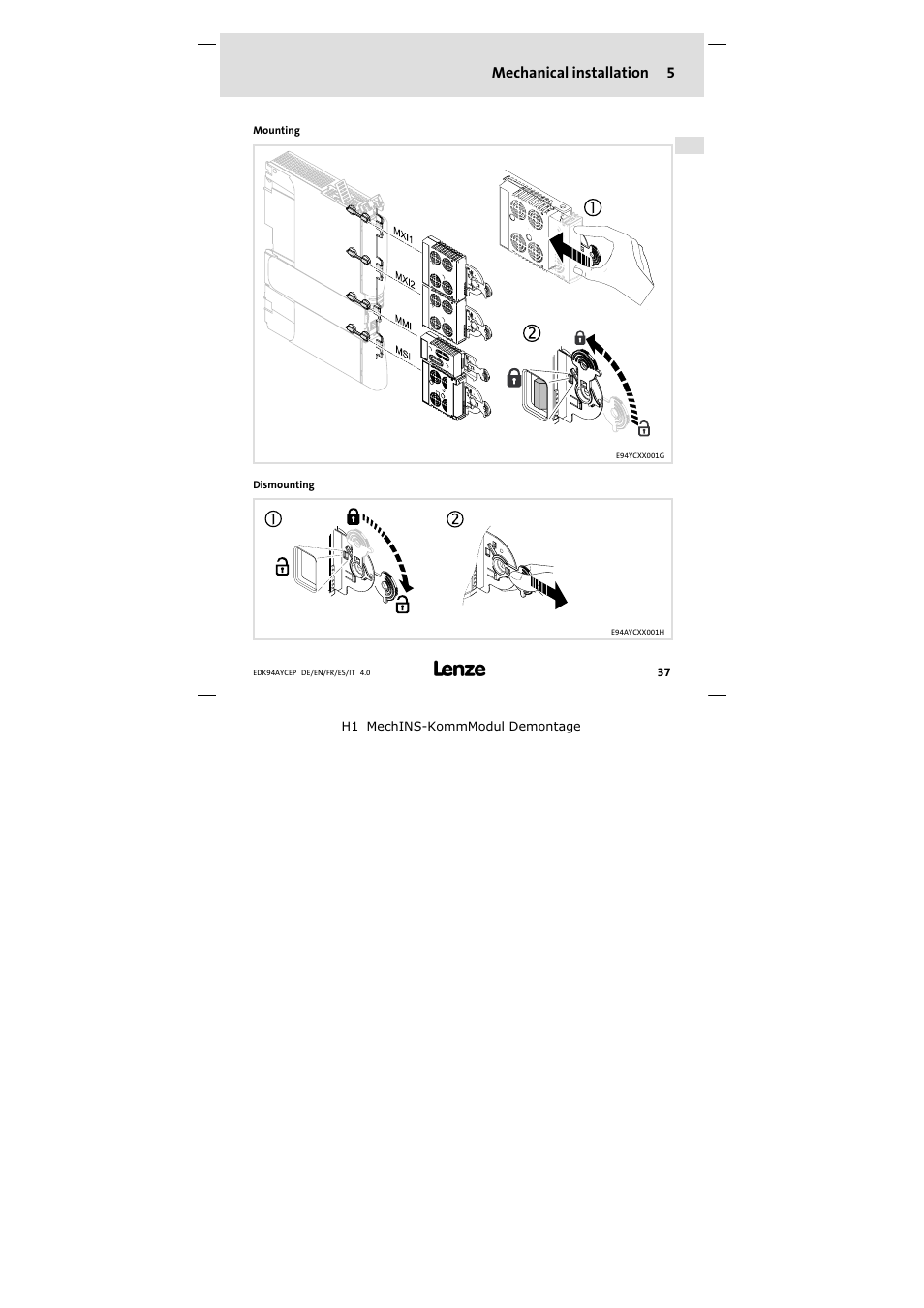 5 mechanical installation, Mechanical installation | Lenze E94AYCEP User Manual | Page 37 / 110