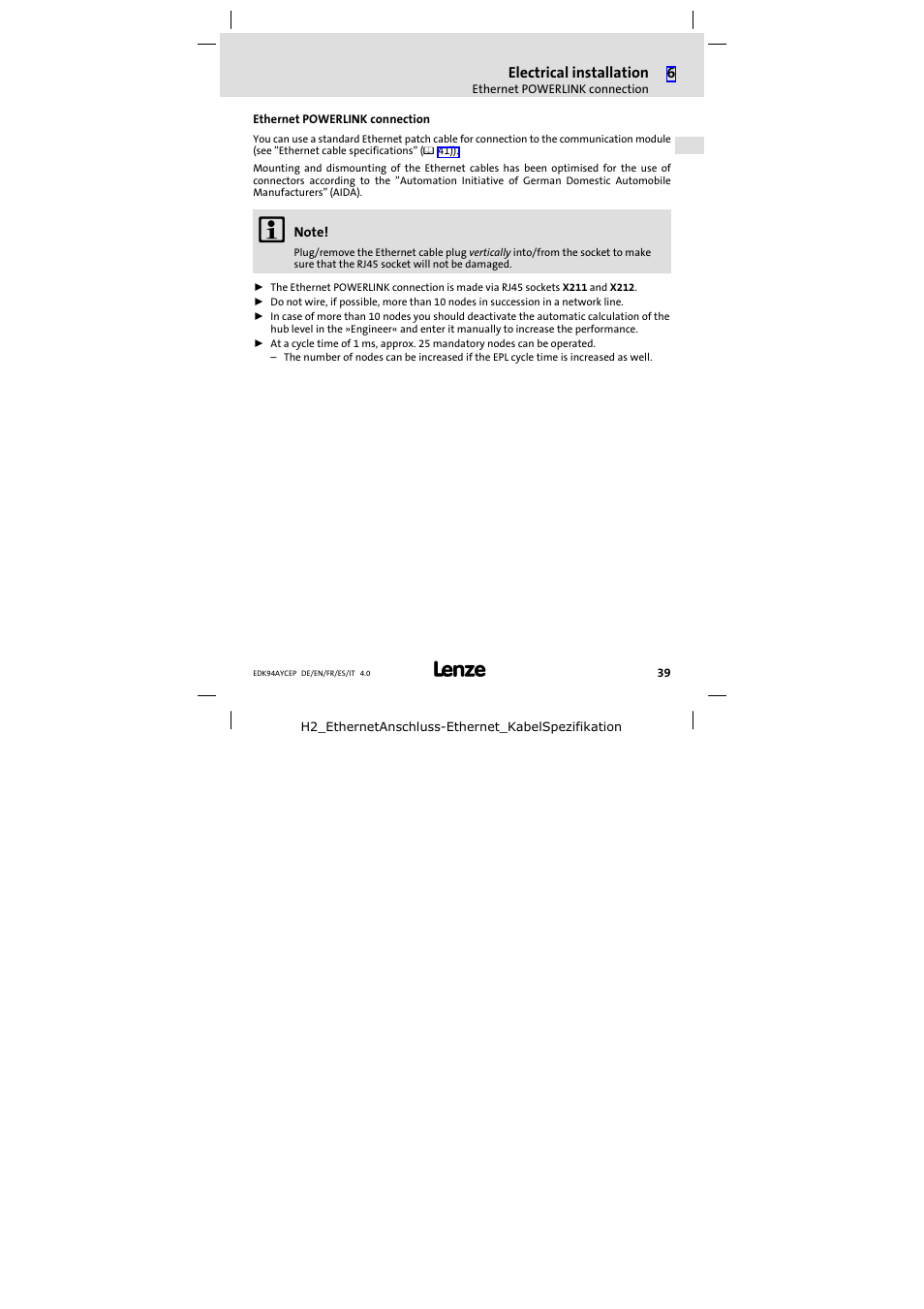 Ethernet powerlink connection | Lenze E94AYCEP User Manual | Page 39 / 110