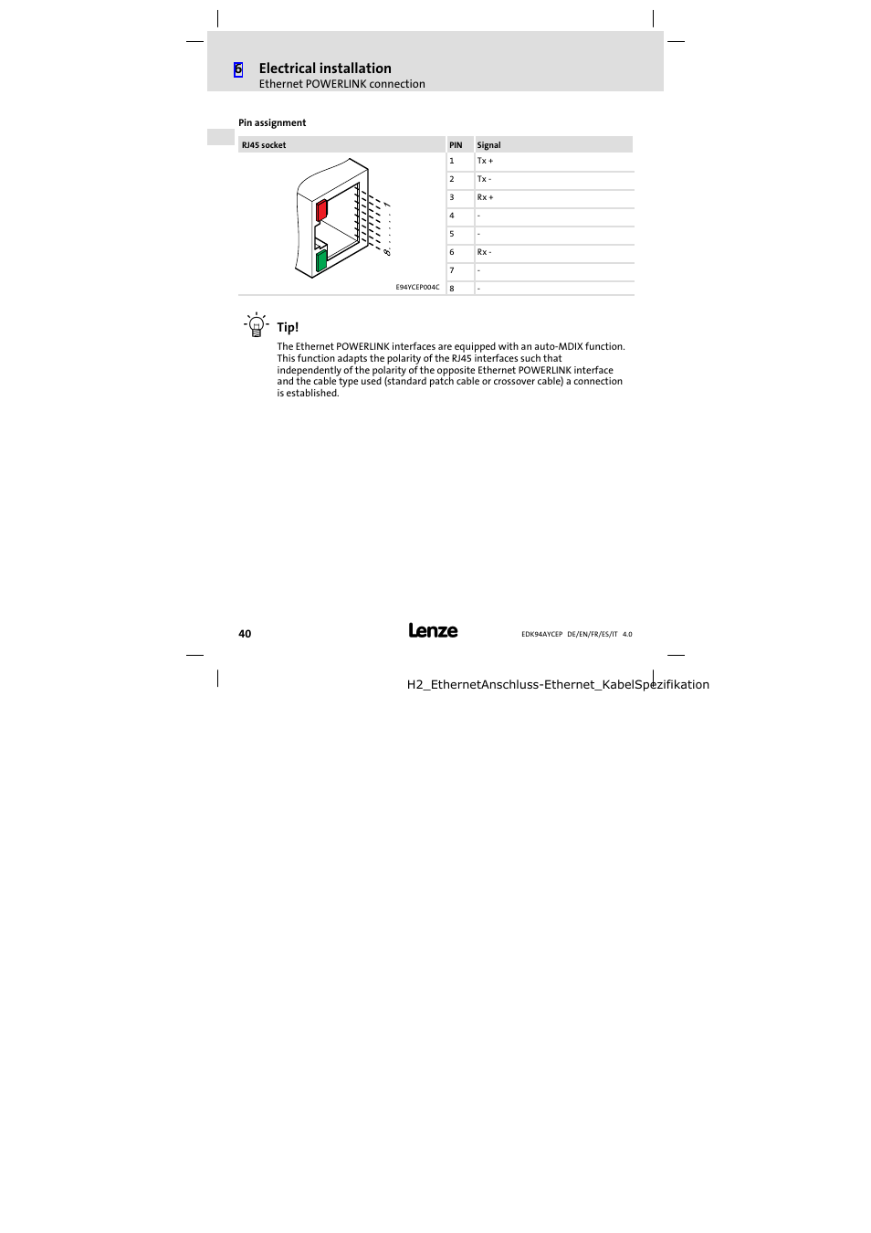 6electrical installation | Lenze E94AYCEP User Manual | Page 40 / 110