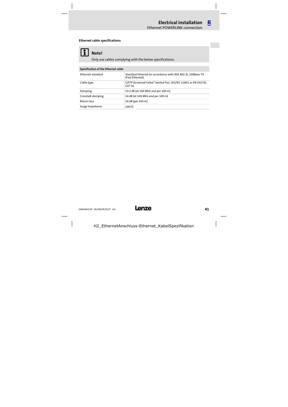 Electrical installation | Lenze E94AYCEP User Manual | Page 41 / 110