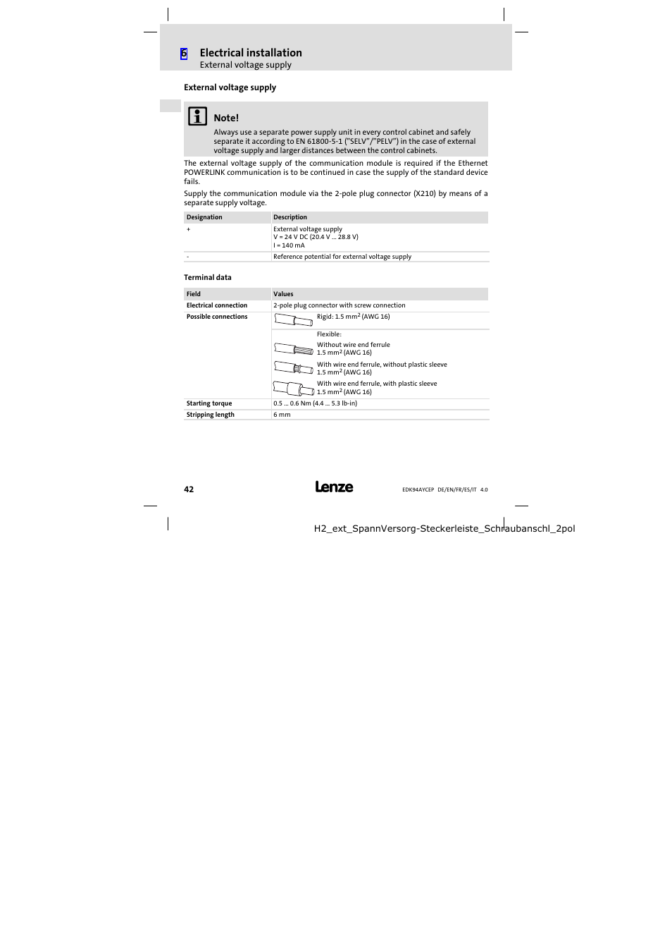 External voltage supply, 6electrical installation | Lenze E94AYCEP User Manual | Page 42 / 110