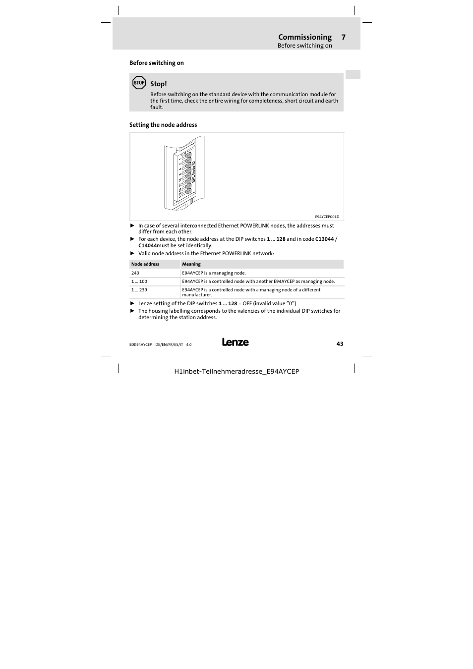 7 commissioning, Before switching on, Setting the node address | Commissioning 43, Commissioning | Lenze E94AYCEP User Manual | Page 43 / 110