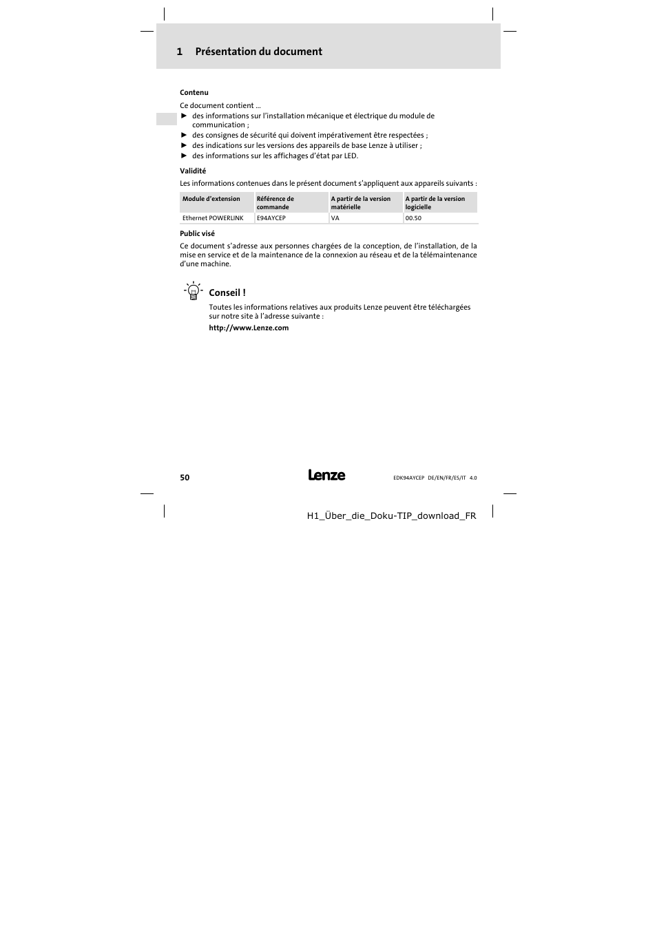 1 présentation du document, Présentation du document, 1présentation du document | Lenze E94AYCEP User Manual | Page 50 / 110