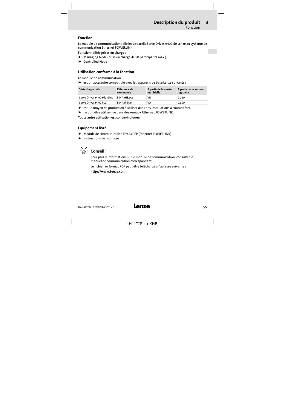 3 description du produit, Fonction, Utilisation conforme à la fonction | Equipement livré, Description du produit, Fonction 55 | Lenze E94AYCEP User Manual | Page 55 / 110