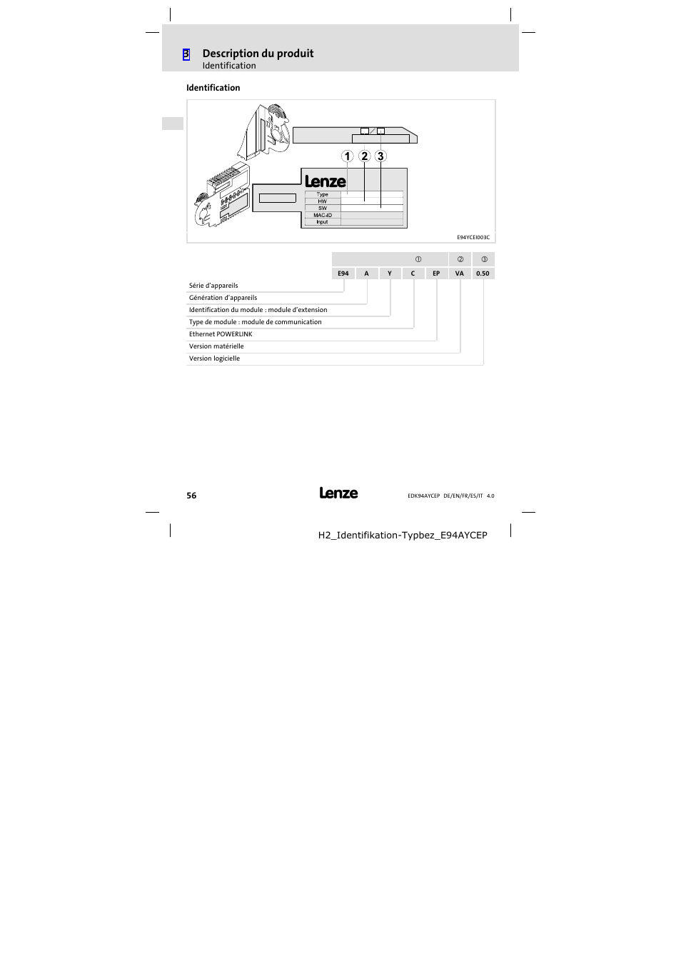 Identification, 3description du produit | Lenze E94AYCEP User Manual | Page 56 / 110