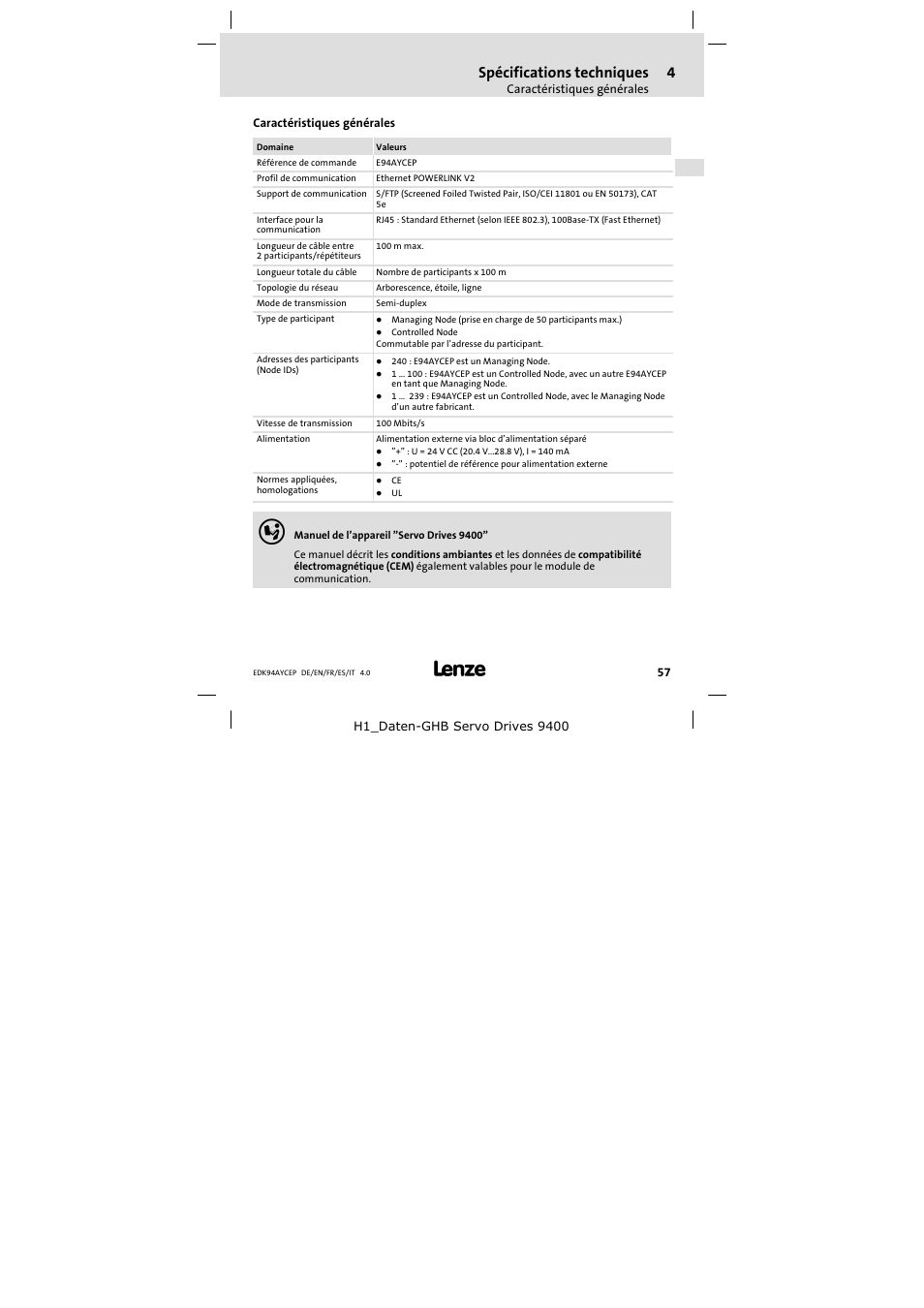 4 spécifications techniques, Caractéristiques générales, Spécifications techniques | Lenze E94AYCEP User Manual | Page 57 / 110
