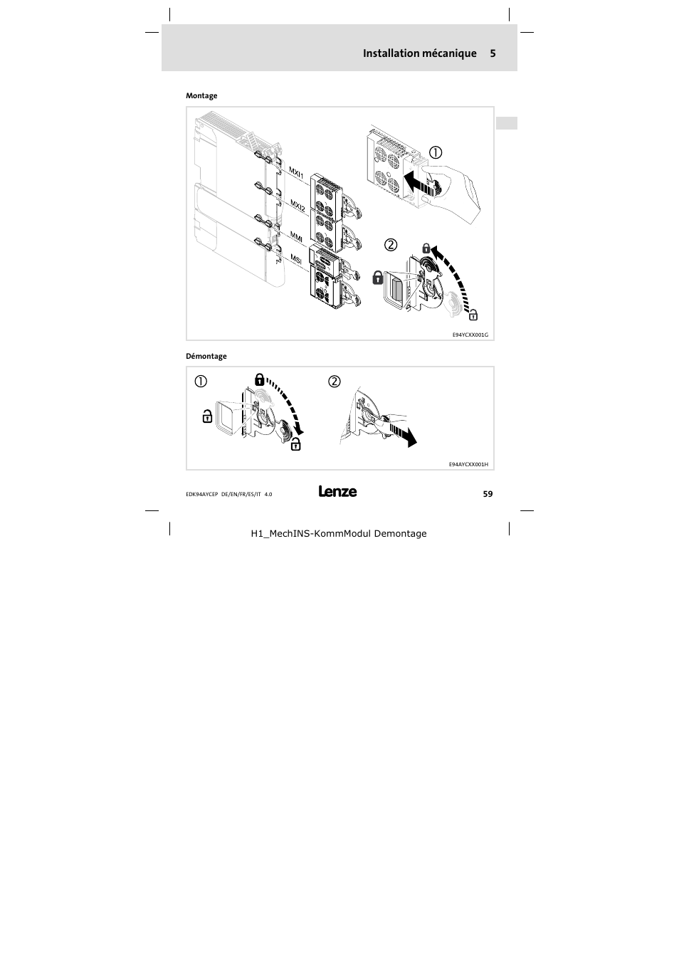 5 installation mécanique, Installation mécanique | Lenze E94AYCEP User Manual | Page 59 / 110