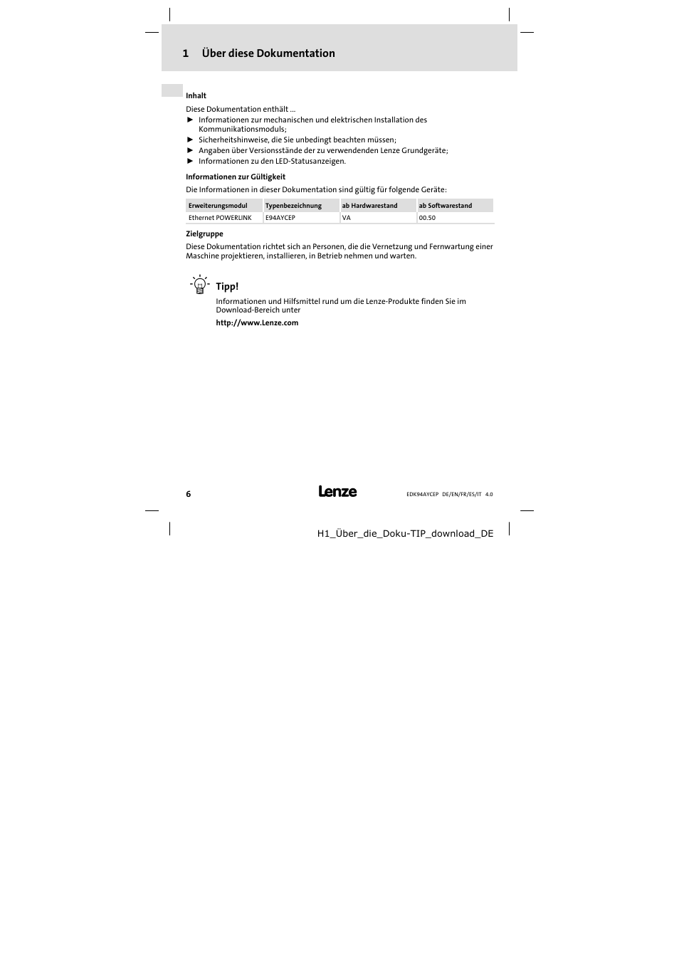 1 über diese dokumentation, Über diese dokumentation, 1über diese dokumentation | Lenze E94AYCEP User Manual | Page 6 / 110