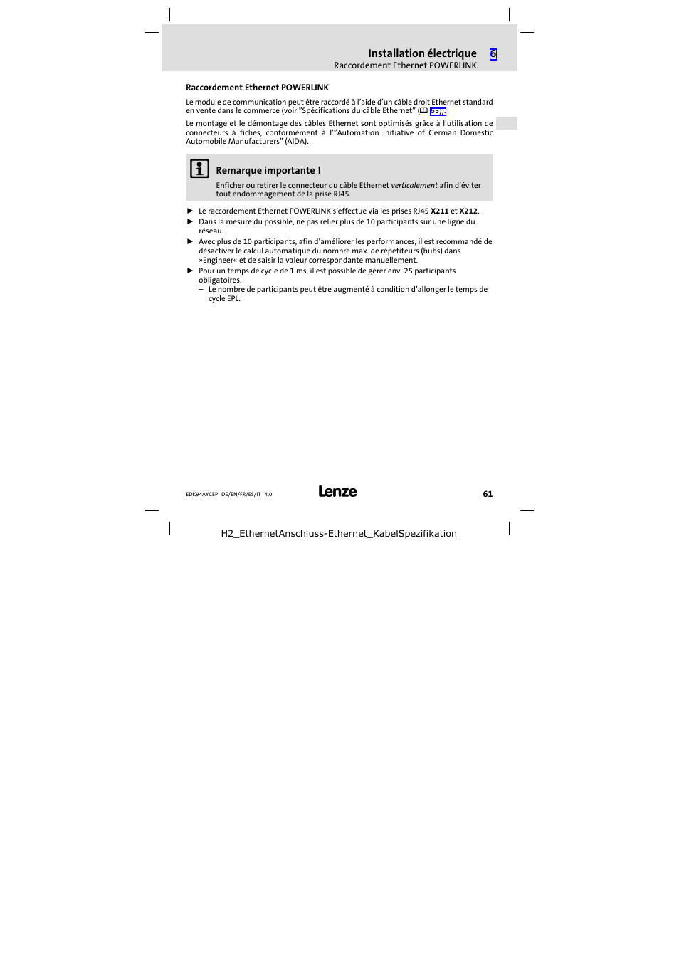 Raccordement ethernet powerlink | Lenze E94AYCEP User Manual | Page 61 / 110