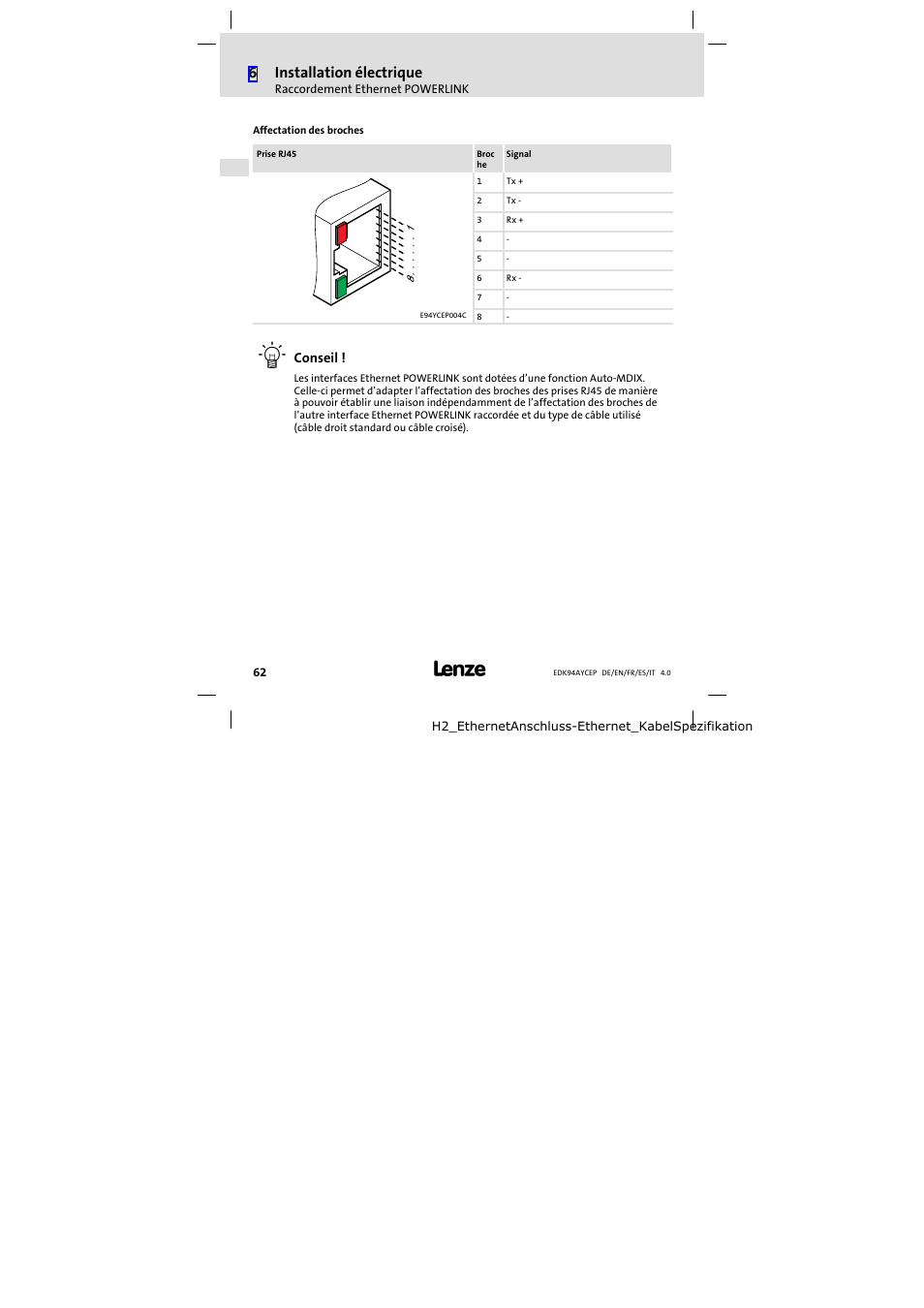 6installation électrique | Lenze E94AYCEP User Manual | Page 62 / 110
