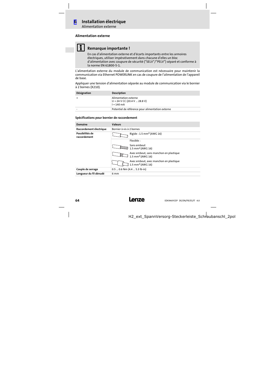 Alimentation externe, 6installation électrique | Lenze E94AYCEP User Manual | Page 64 / 110