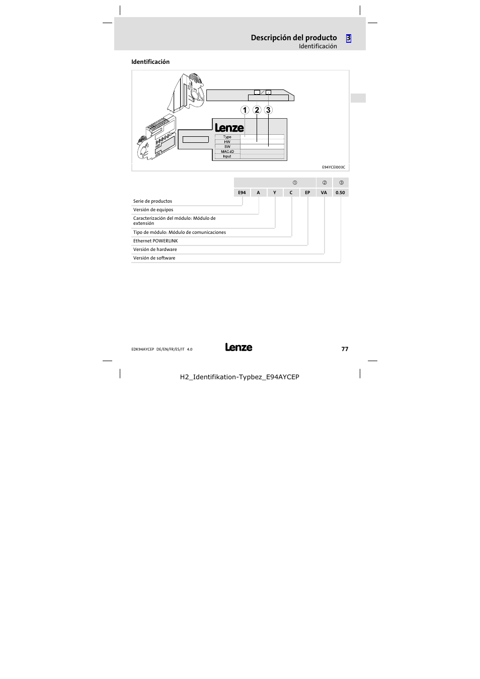 Identificación, Descripción del producto | Lenze E94AYCEP User Manual | Page 77 / 110