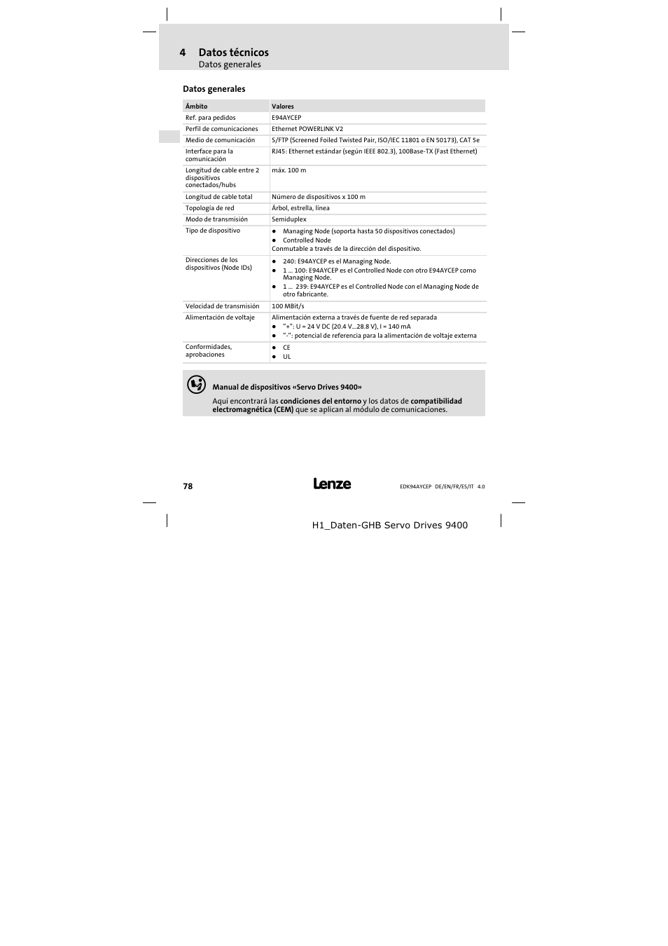 4 datos técnicos, Datos generales, Datos técnicos | 4datos técnicos | Lenze E94AYCEP User Manual | Page 78 / 110