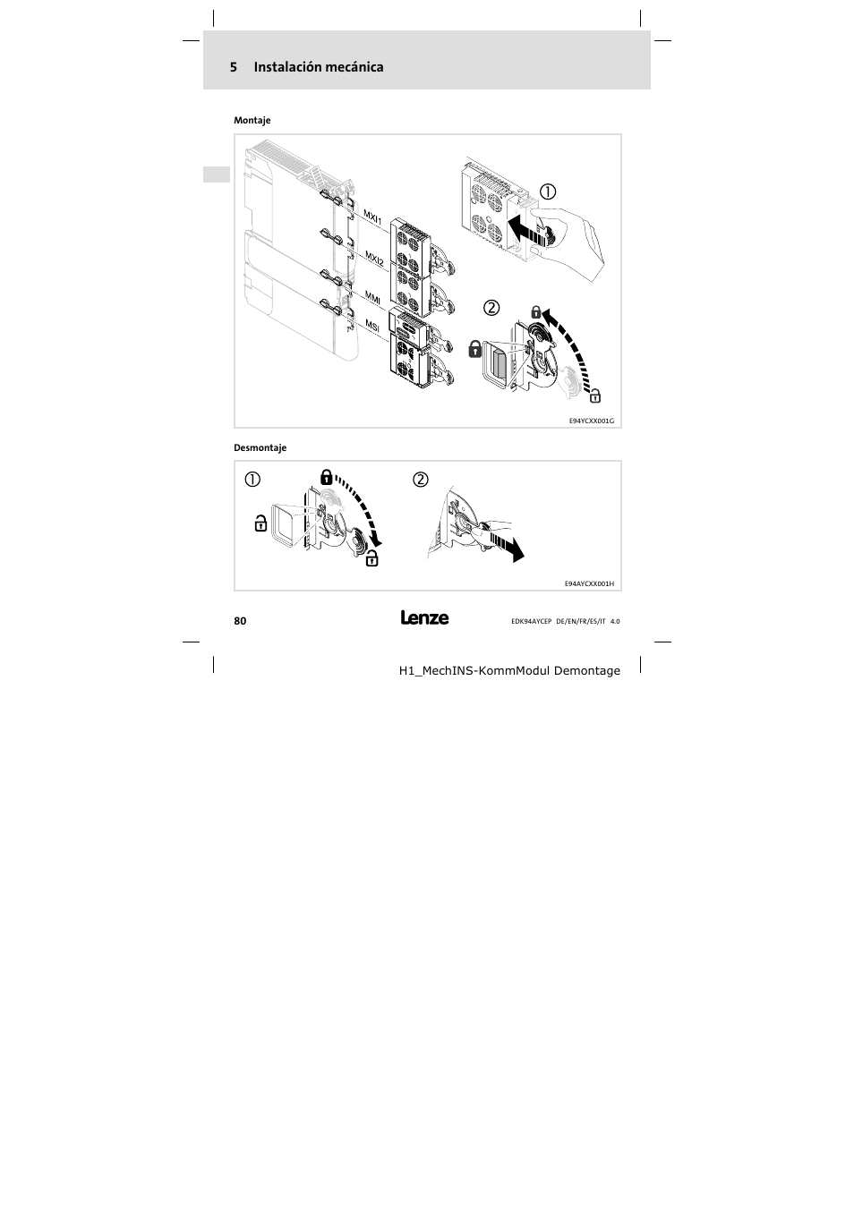 5 instalación mecánica, Instalación mecánica | Lenze E94AYCEP User Manual | Page 80 / 110
