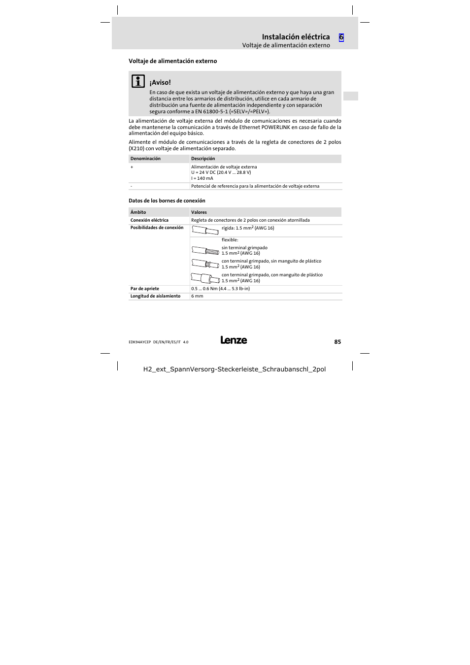 Voltaje de alimentación externo, Instalación eléctrica | Lenze E94AYCEP User Manual | Page 85 / 110