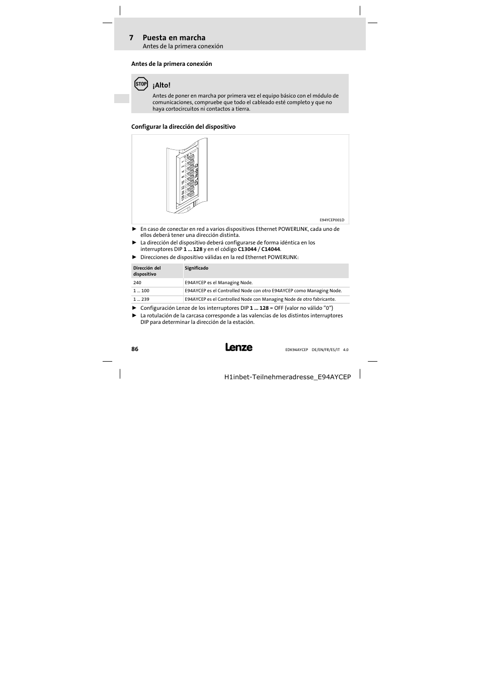 7 puesta en marcha, Antes de la primera conexión, Configurar la dirección del dispositivo | Puesta en marcha, 7puesta en marcha | Lenze E94AYCEP User Manual | Page 86 / 110