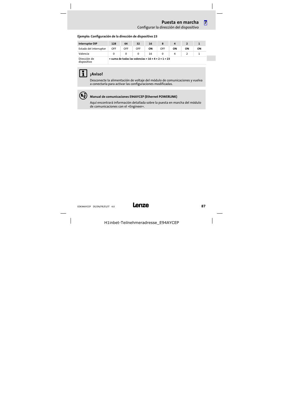 Puesta en marcha | Lenze E94AYCEP User Manual | Page 87 / 110