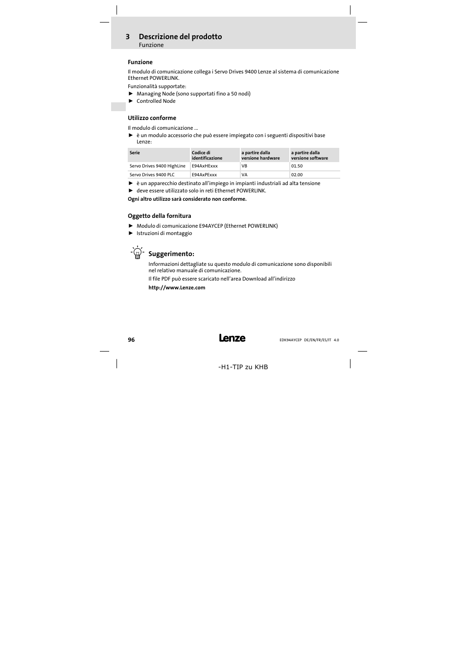 3 descrizione del prodotto, Funzione, Utilizzo conforme | Oggetto della fornitura, Descrizione del prodotto, 3descrizione del prodotto | Lenze E94AYCEP User Manual | Page 96 / 110