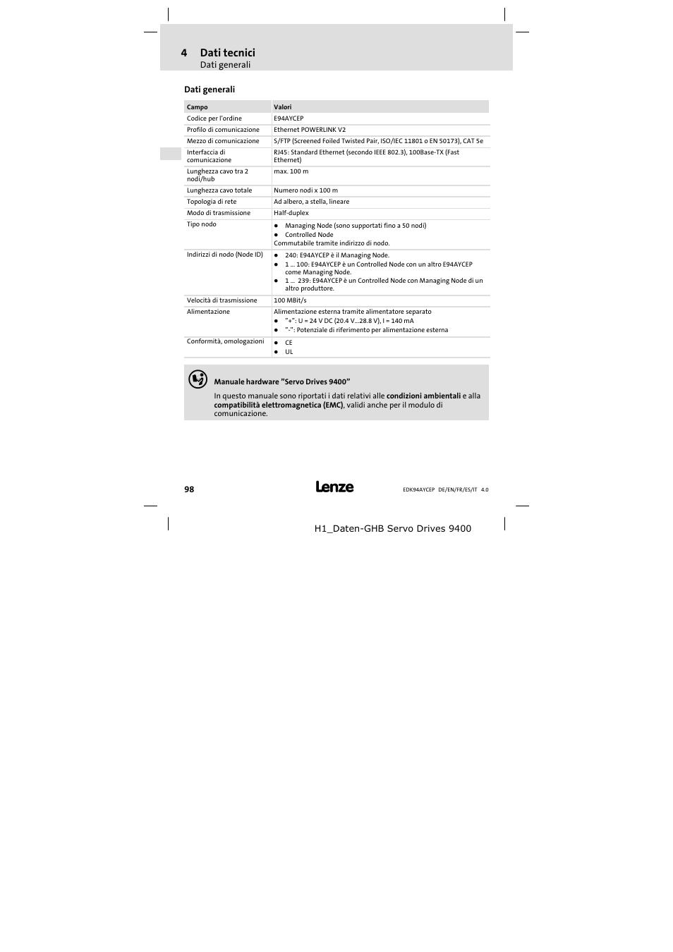 4 dati tecnici, Dati generali, Dati tecnici | 4dati tecnici | Lenze E94AYCEP User Manual | Page 98 / 110