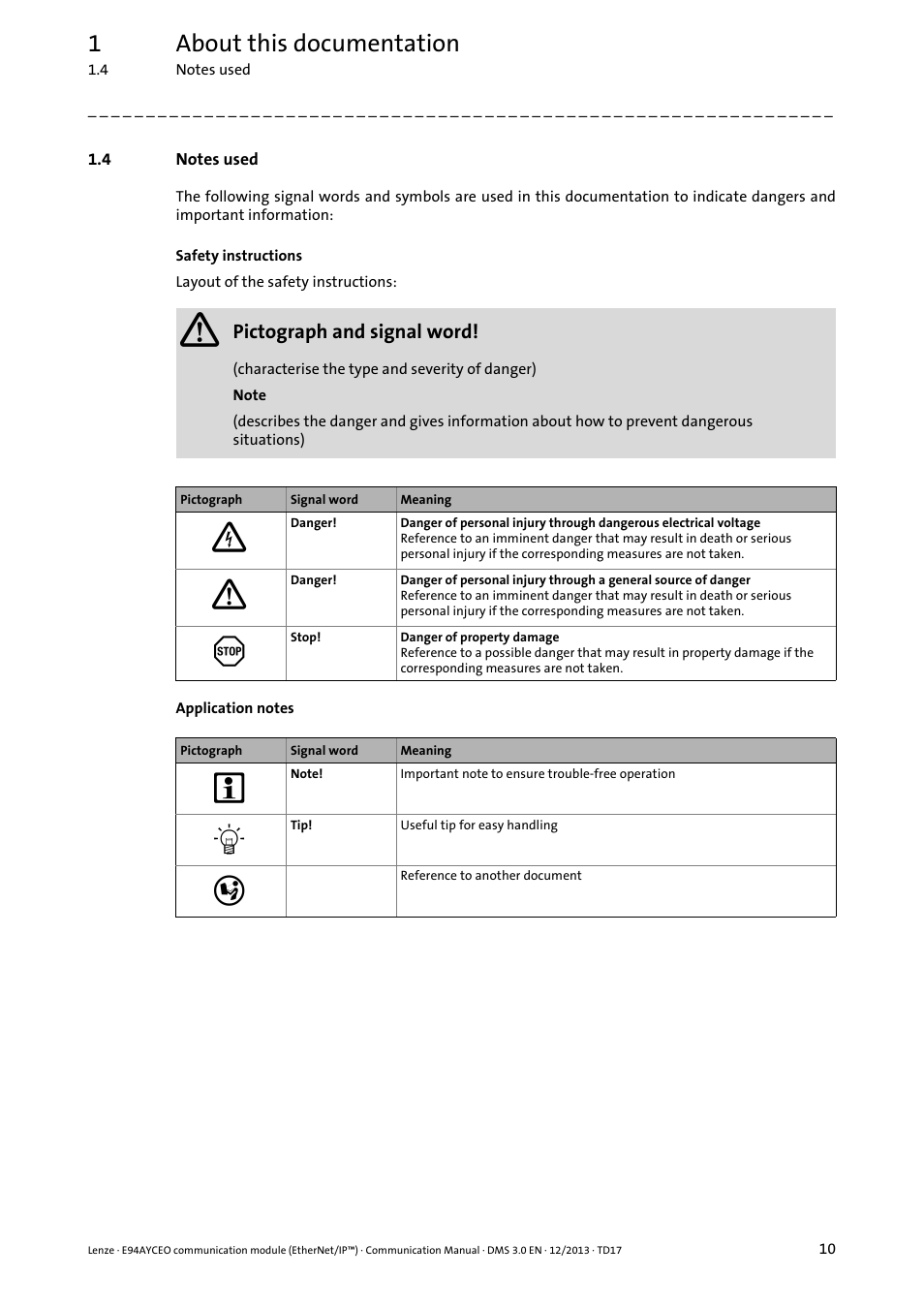 4 notes used, Notes used, 1about this documentation | Lenze E94AYCEO User Manual | Page 10 / 149