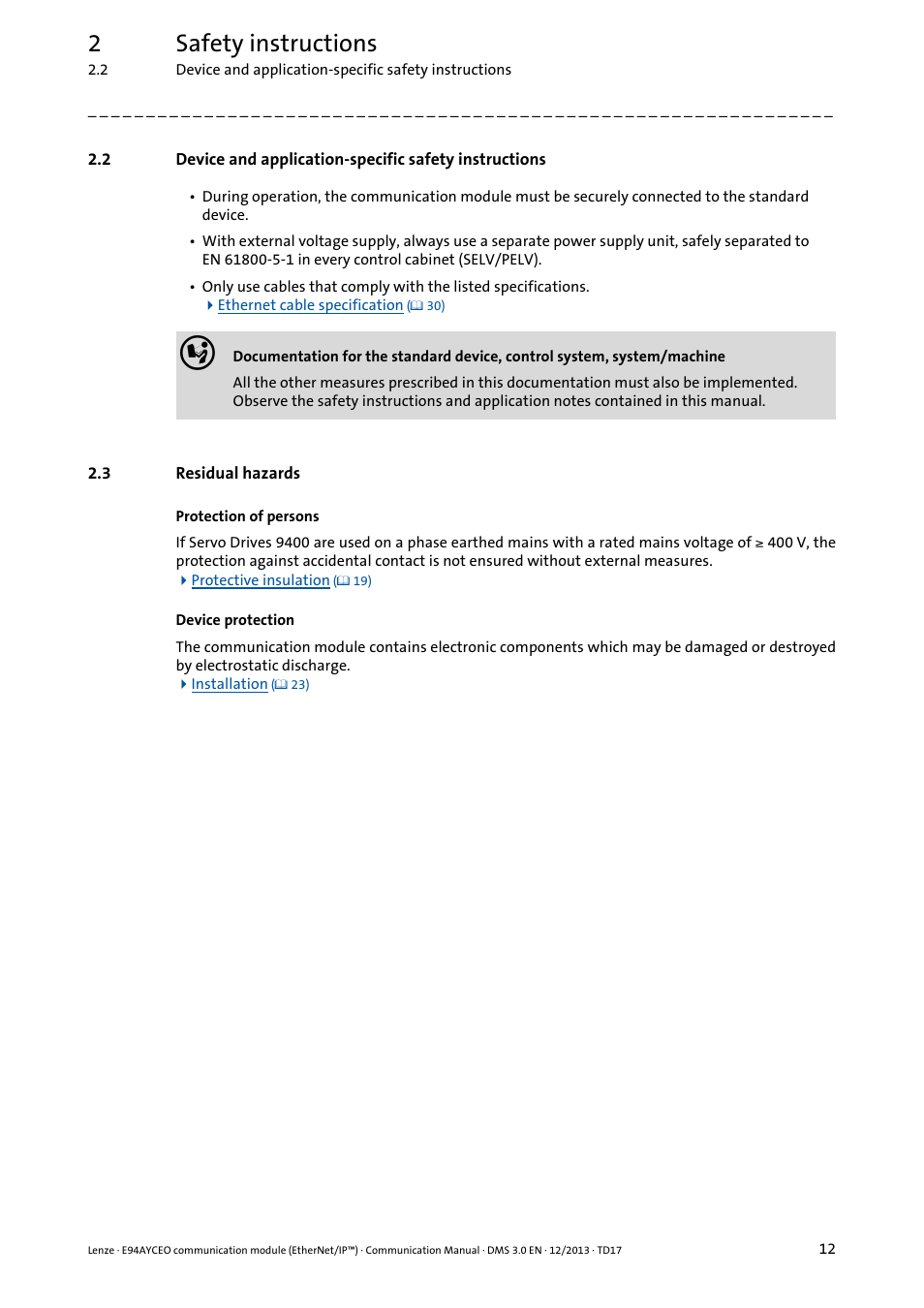 3 residual hazards, Residual hazards, 2safety instructions | Lenze E94AYCEO User Manual | Page 12 / 149