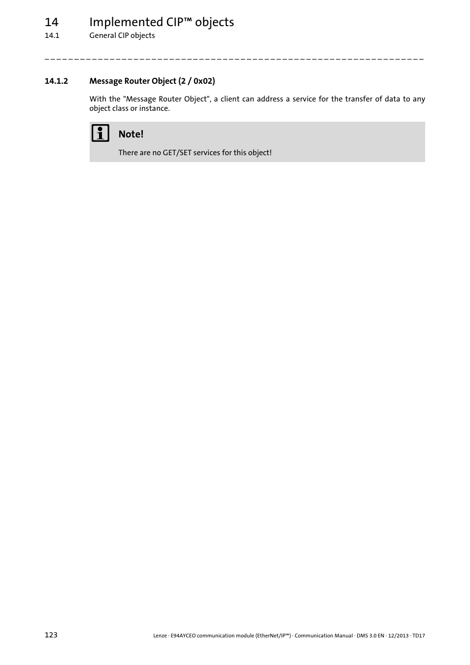 2 message router object (2 / 0x02), Message router object (2 / 0x02) ( 123), 14 implemented cip™ objects | Lenze E94AYCEO User Manual | Page 123 / 149