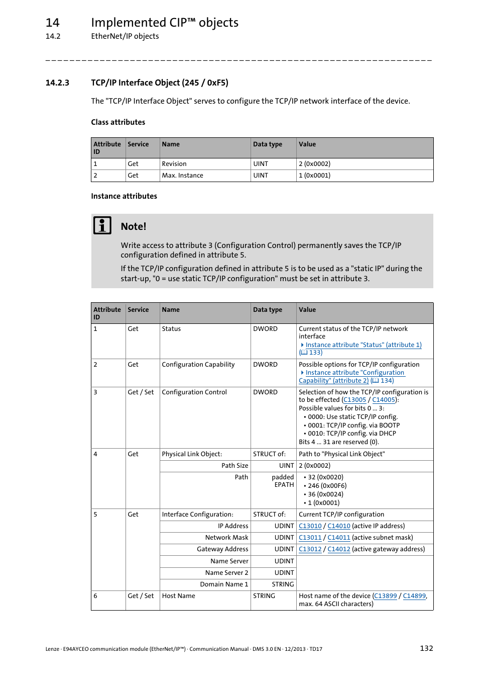 3 tcp/ip interface object (245 / 0xf5), Tcp/ip interface object (245 / 0xf5), Ip interface object (245 / 0xf5) ( 132) | Tcp/ip interface object (245 / 0xf5) ( 132), Tcp/ip interface object (245, 0xf5) ( 132), 8 (ttl value) in the, 14 implemented cip™ objects | Lenze E94AYCEO User Manual | Page 132 / 149