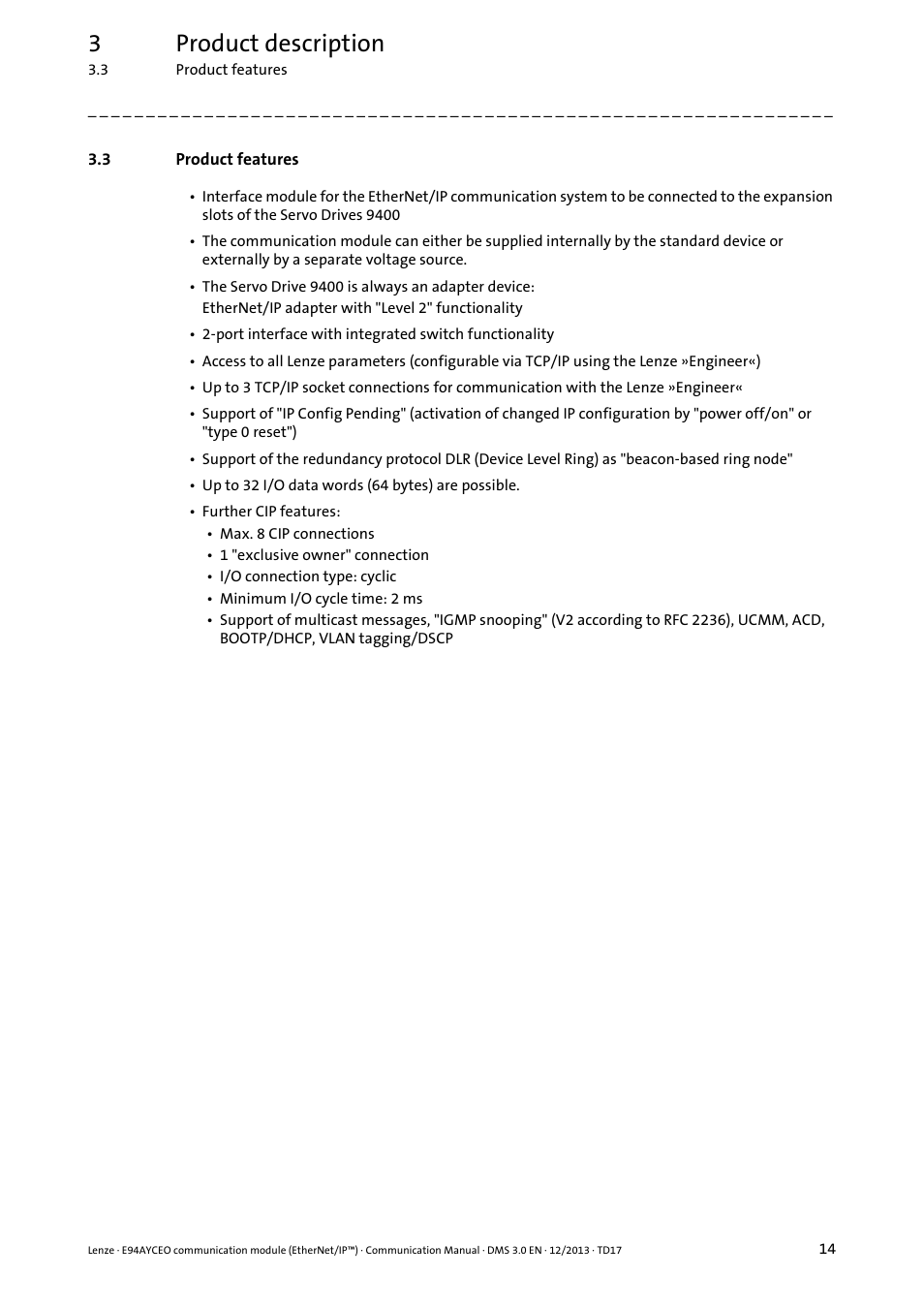 3 product features, Product features, 3product description | Lenze E94AYCEO User Manual | Page 14 / 149