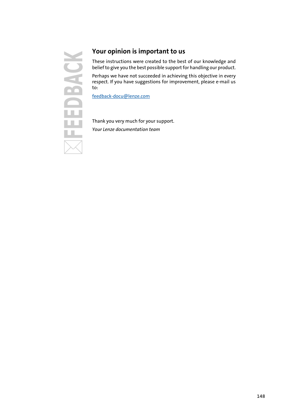 Your opinion is important to us | Lenze E94AYCEO User Manual | Page 148 / 149