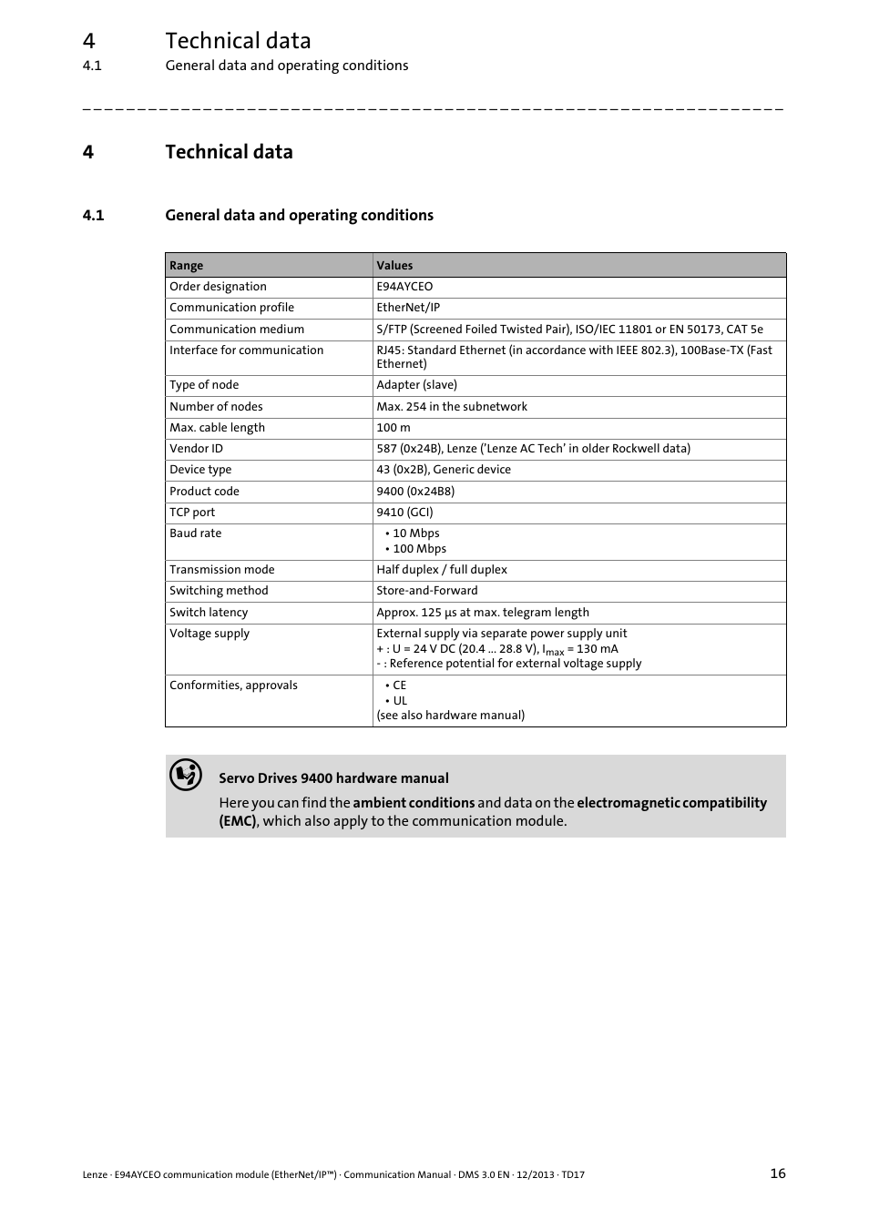 4 technical data, 1 general data and operating conditions, Technical data | General data and operating conditions, 4technical data | Lenze E94AYCEO User Manual | Page 16 / 149