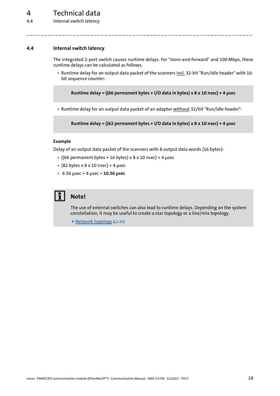 4 internal switch latency, Internal switch latency, 4technical data | Lenze E94AYCEO User Manual | Page 18 / 149